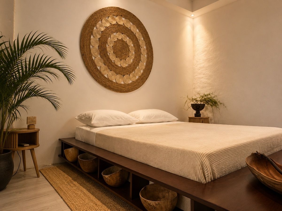 La otra habitación, blanca, con la cama baja de madera, cestas tejidas y una palma