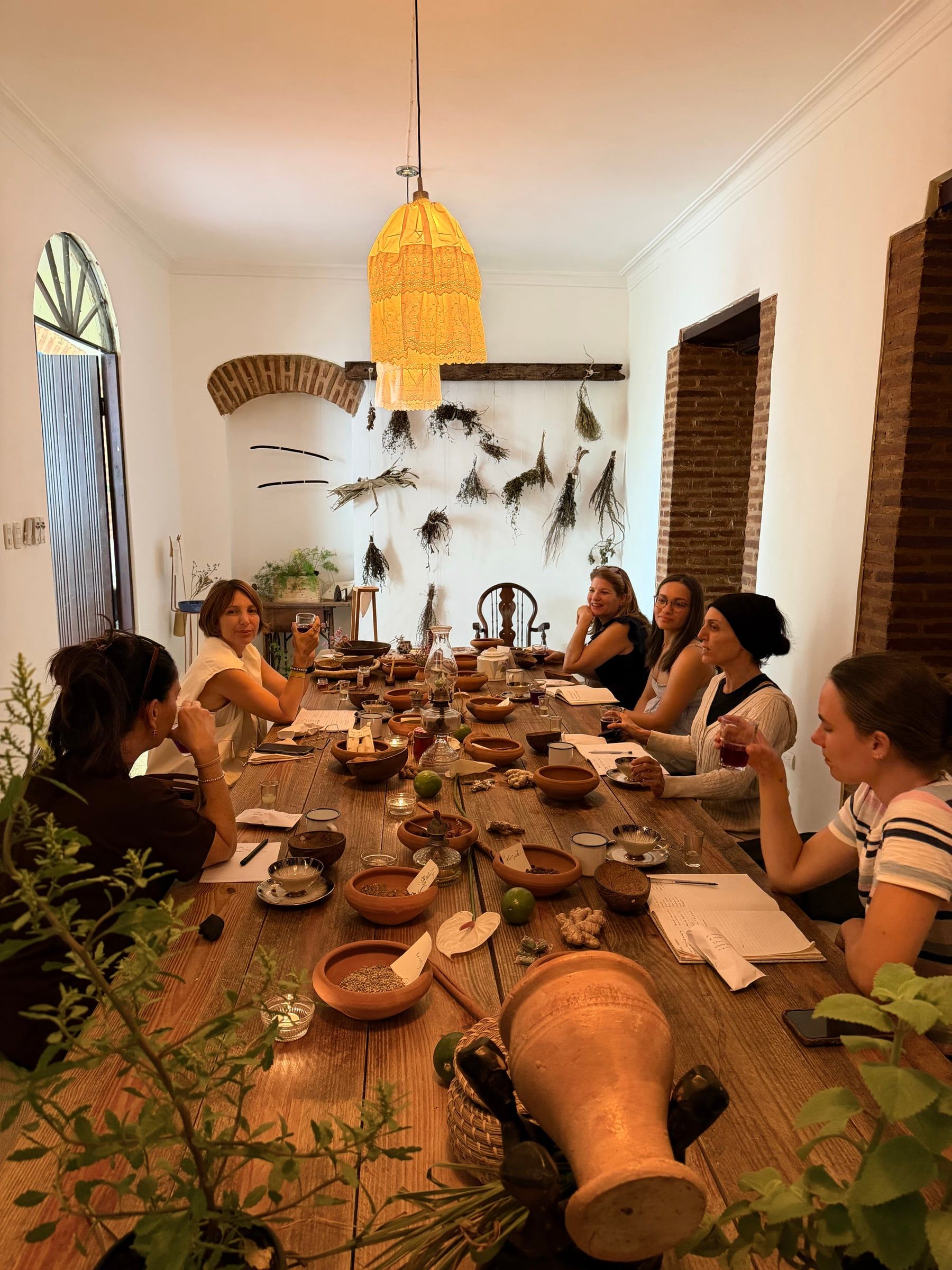 Invitadas alrededor de la mesa larga de la casa, con vasijas de barro y plantas